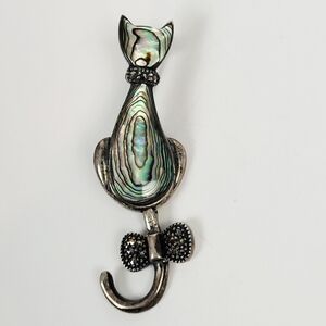 Vtg Cat Brooch Pin~NF 925 Silver~Abalone~Rhinestones~Swinging Tail~Thailand